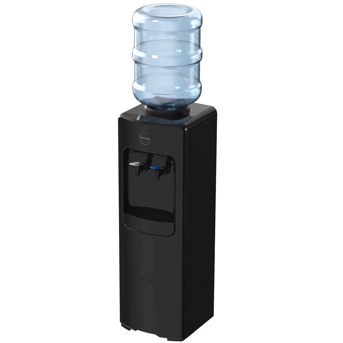 Black water cooler with a blue water bottle on a white background