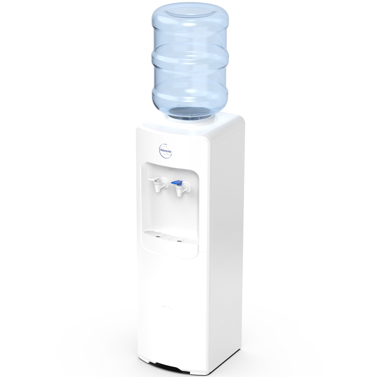 White water cooler with a blue water bottle on a white background