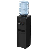 Black water cooler with a blue water bottle on a white background