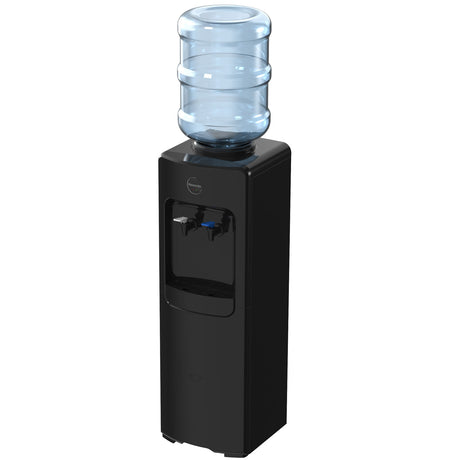 Black water cooler with a blue water bottle on a white background