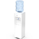 White water cooler with a blue water bottle on a white background