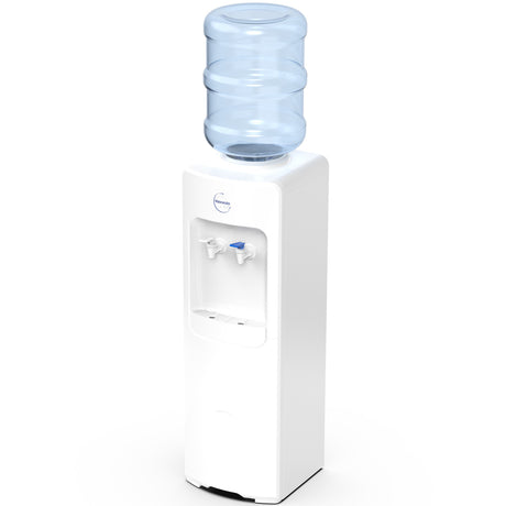 White water cooler with a blue water bottle on a white background