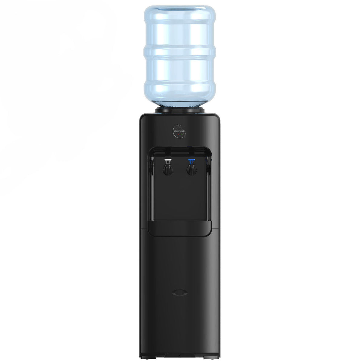 Black water cooler with a blue water bottle on a white background