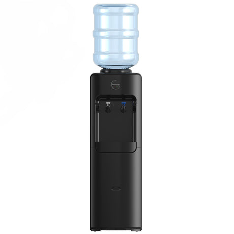 Black water cooler with a blue water bottle on a white background